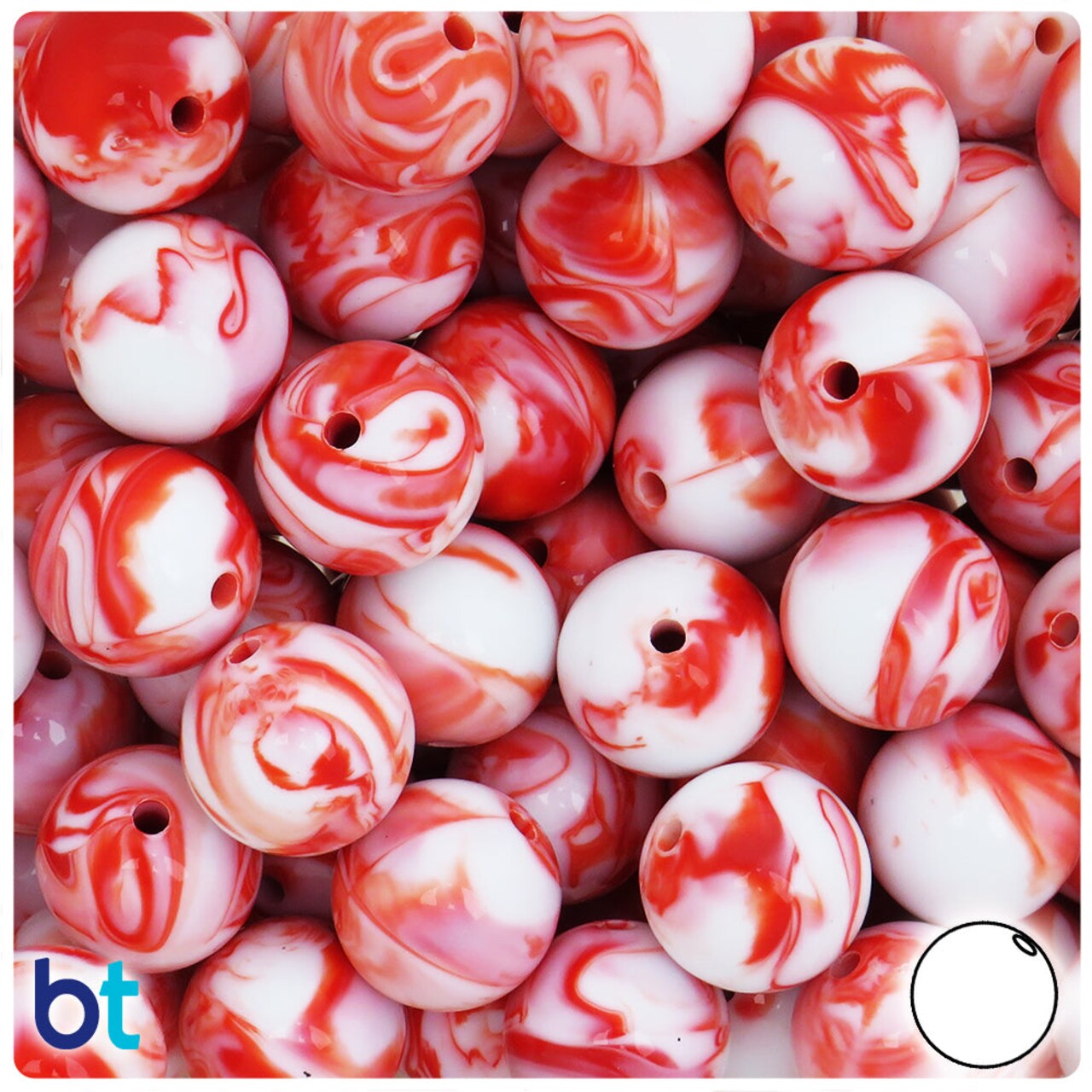 BeadTin Red Marbled 16mm Round Plastic Craft Beads (25pcs)